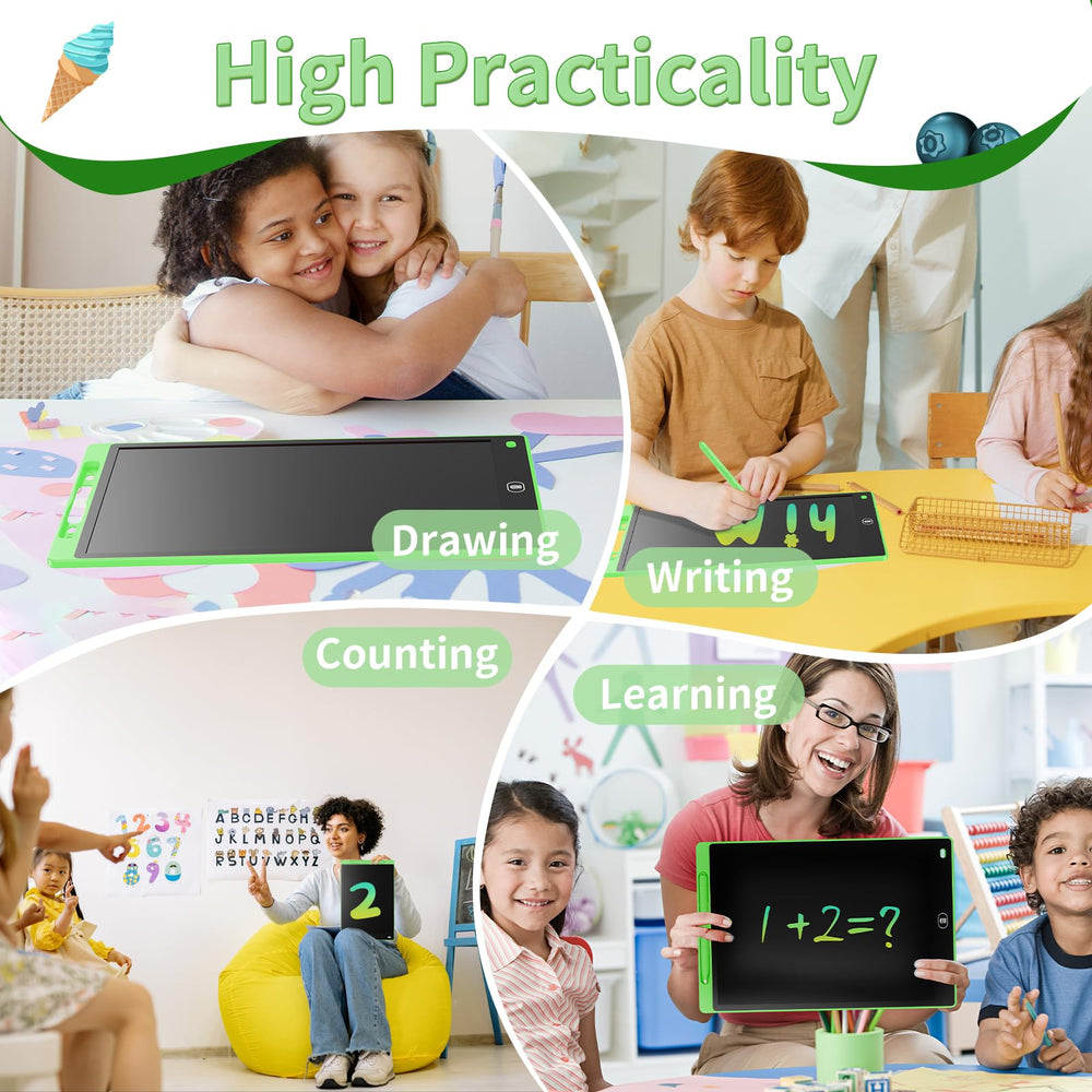 Genialba LCD writing tablet front-view on table for group activities.