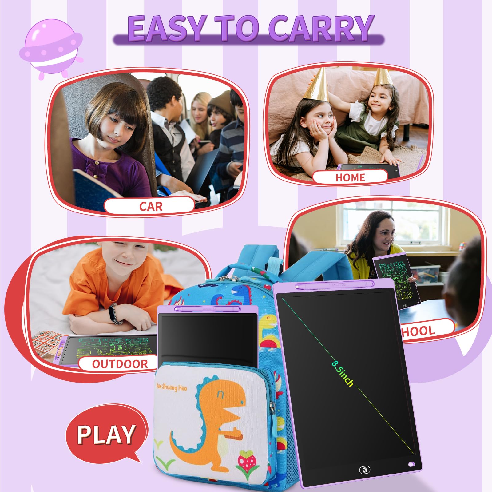 Genialba LCD writing tablet purple doodle board for colorful, mess-free learning.