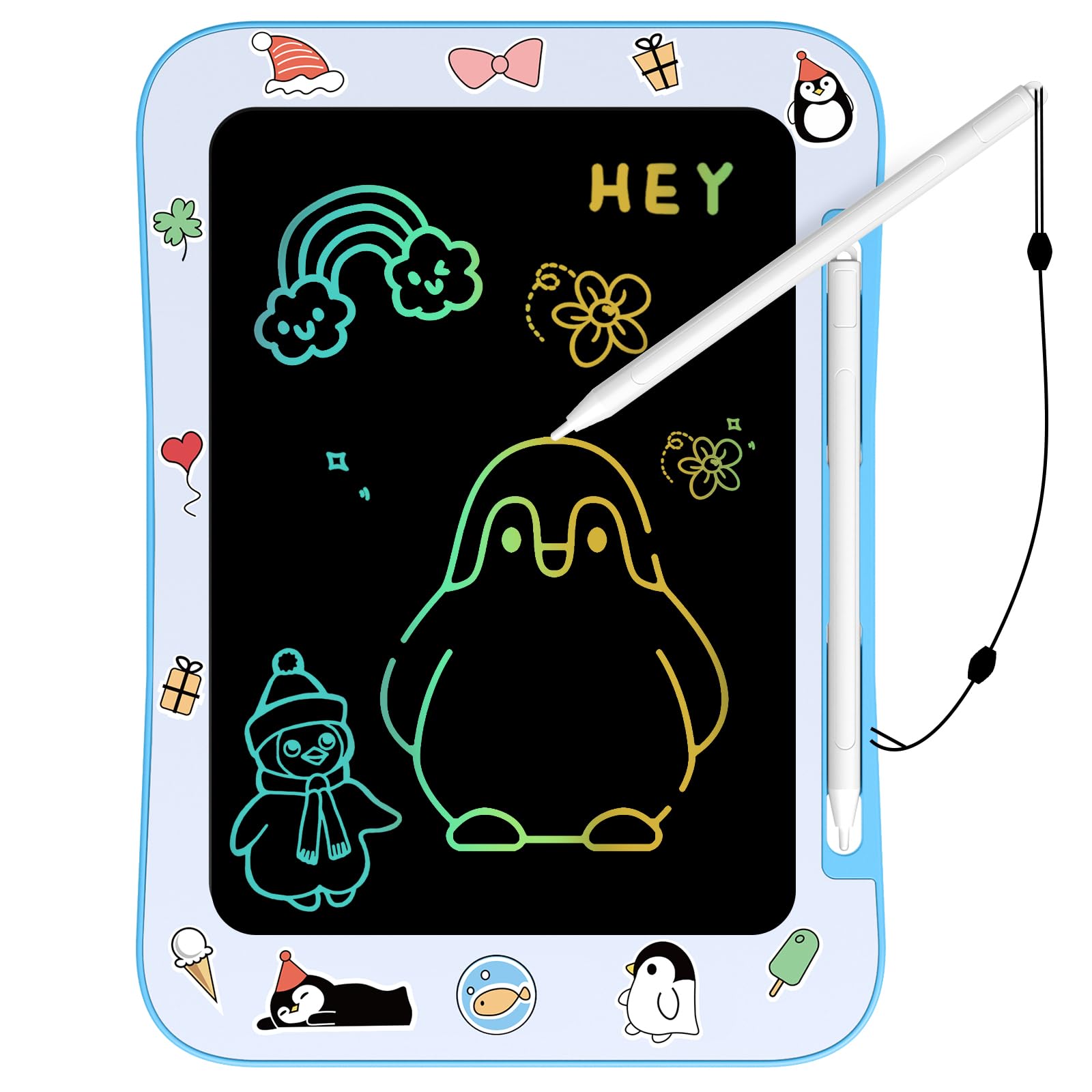 Genialba Penguin LCD drawing tablet front view with colorful doodles for kids