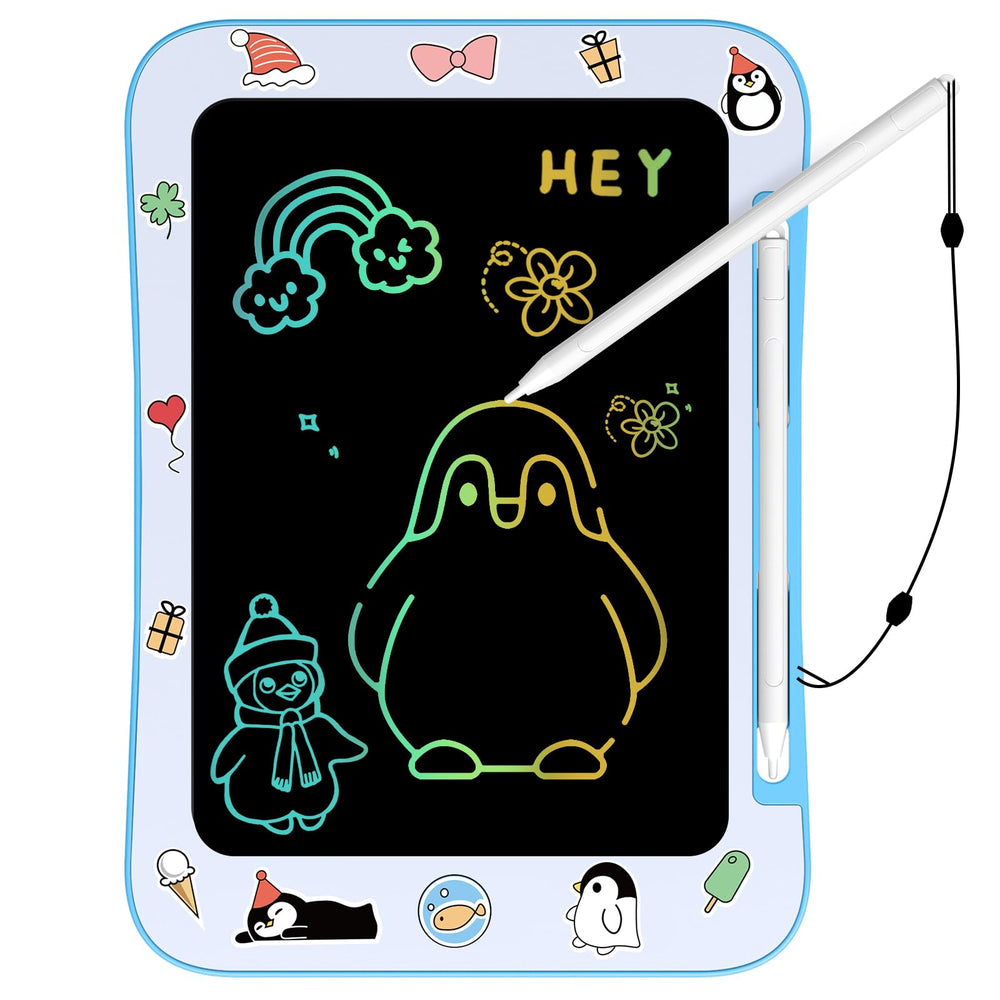 Genialba Penguin LCD drawing tablet front view with colorful doodles for kids