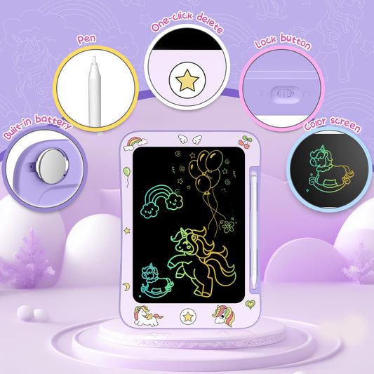 Genialba Unicorn LCD board doodle area for colorful, mess-free artwork.