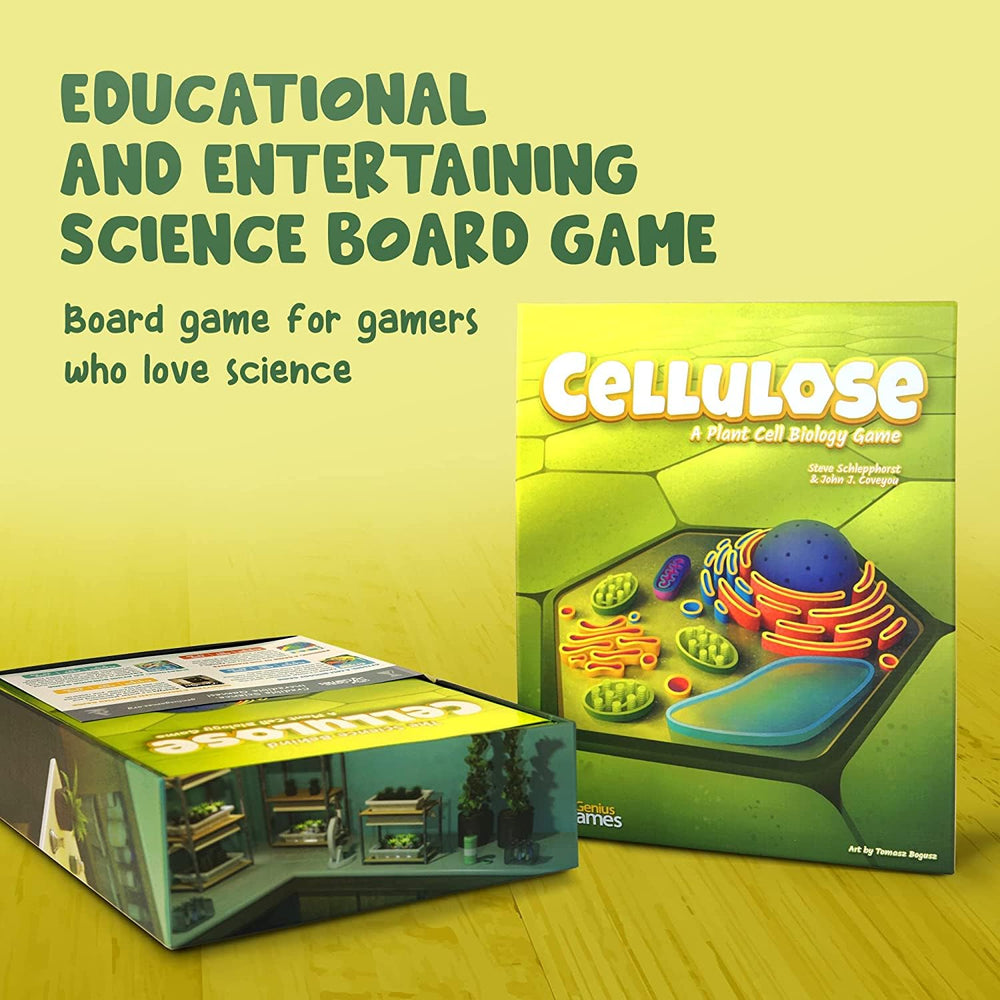 Genius Games Cellulose board close-up of chloroplast and mitochondria icons for learning.