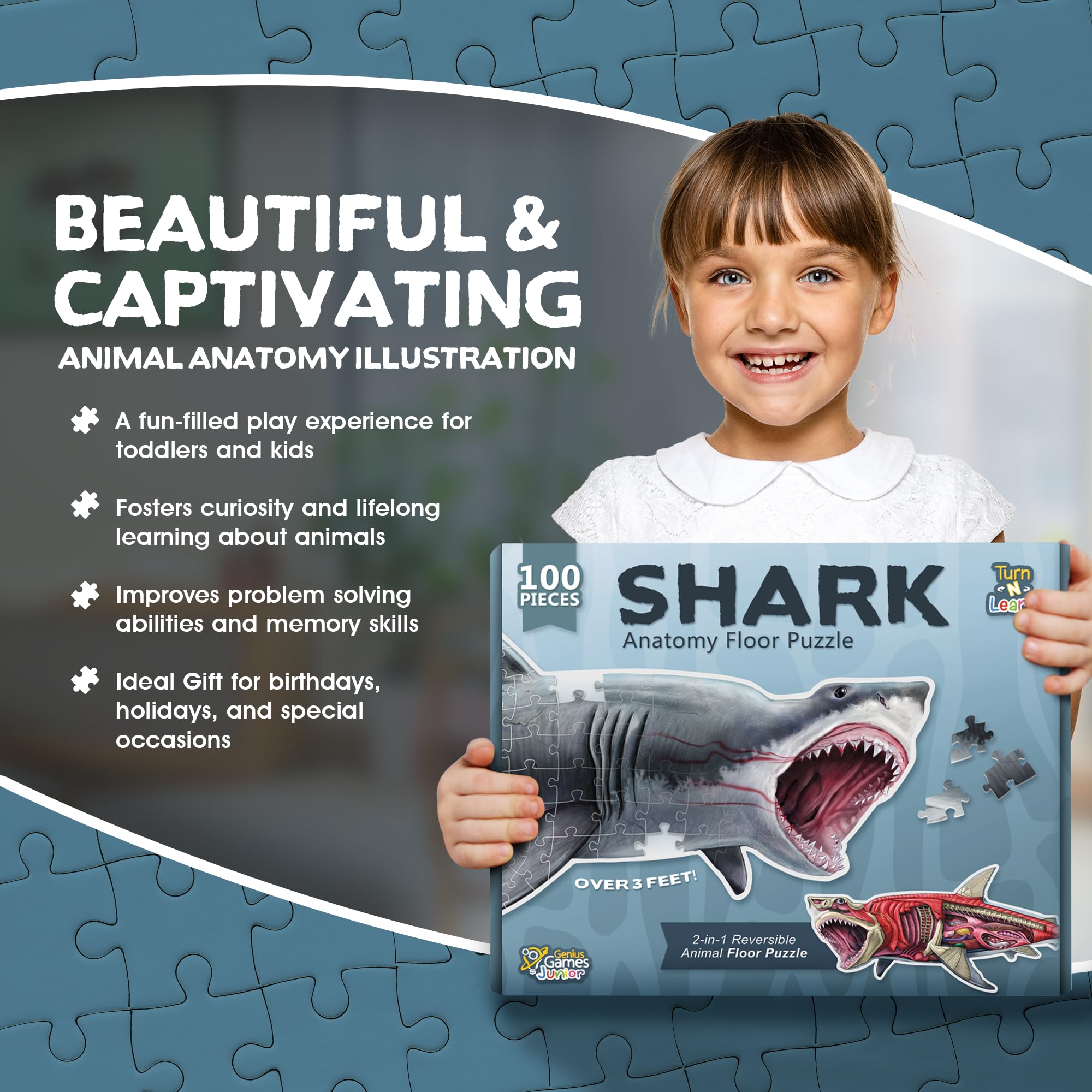Genius Games family-play scene promotes cooperative learning and shared achievement.