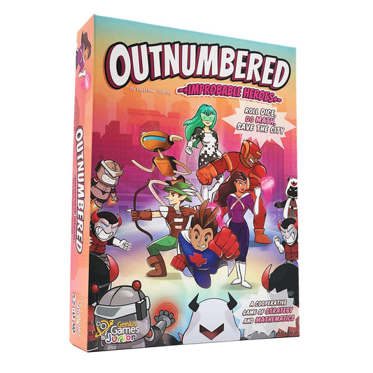 Genius Games Outnumbered cover featuring heroes in action for family fun and learning.