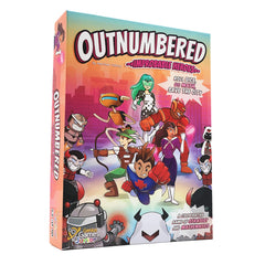 Genius Games Outnumbered cover featuring heroes in action for family fun and learning.