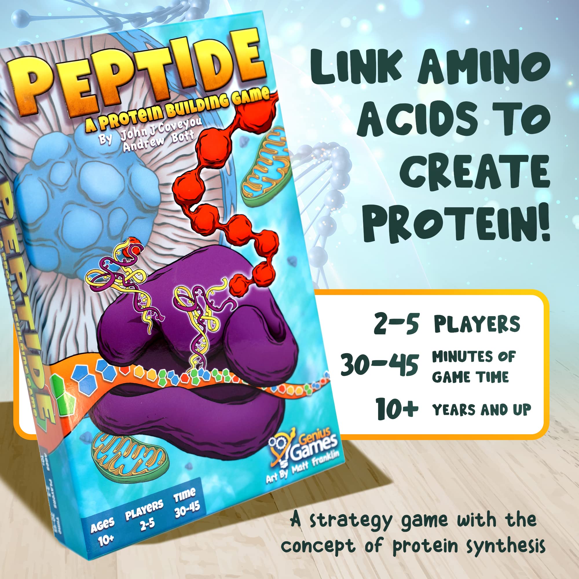 Genius Games Peptide organelle cards reveal resource boosts for rounds.