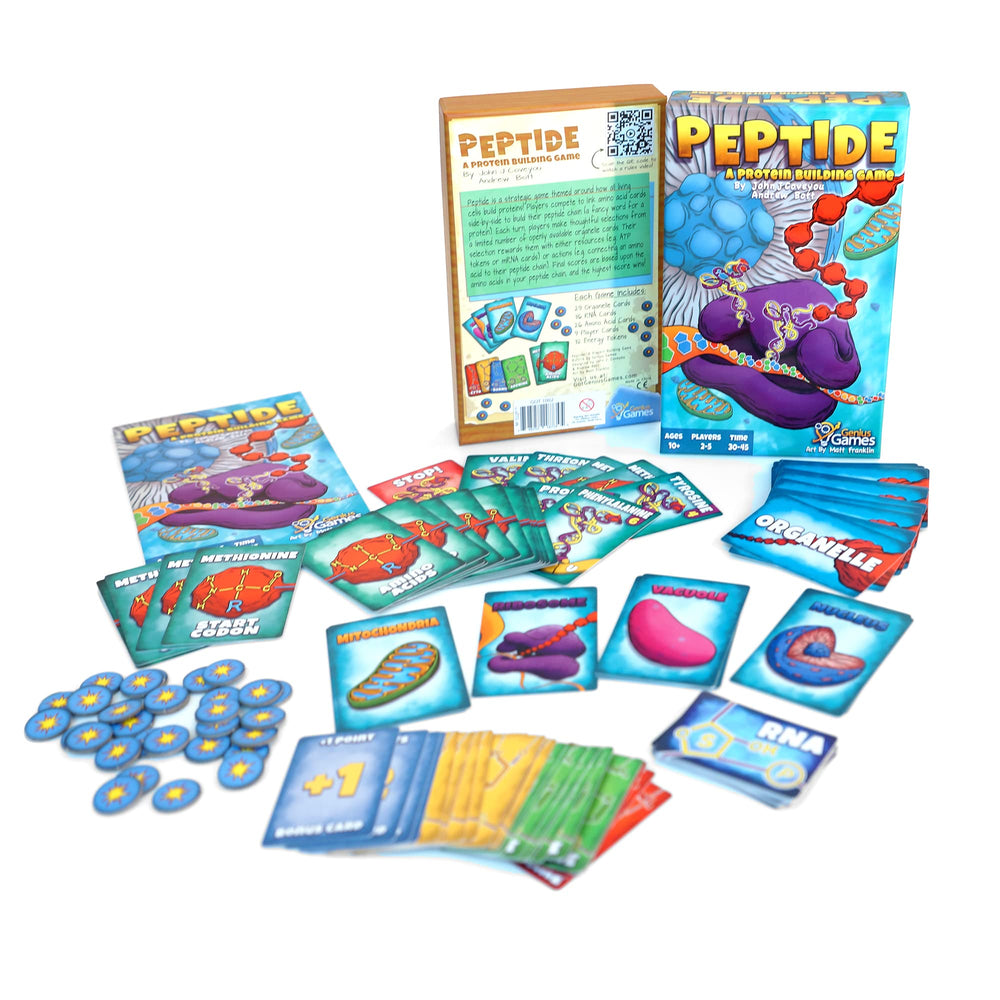 Genius Games Peptide protein chain visuals highlight scoring opportunities and strategy.