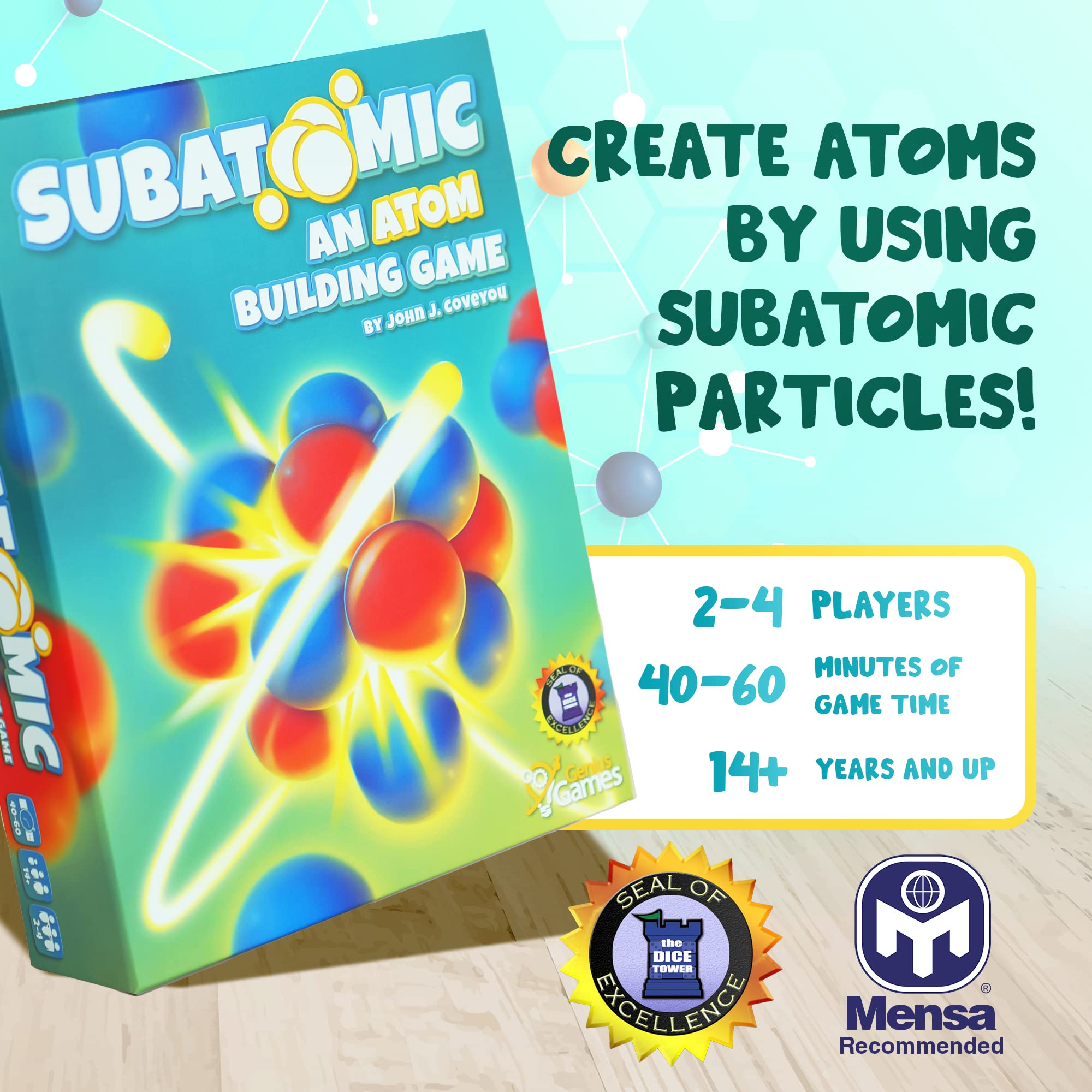 Genius Games Subatomic atom-card-play on table for strategic planning.