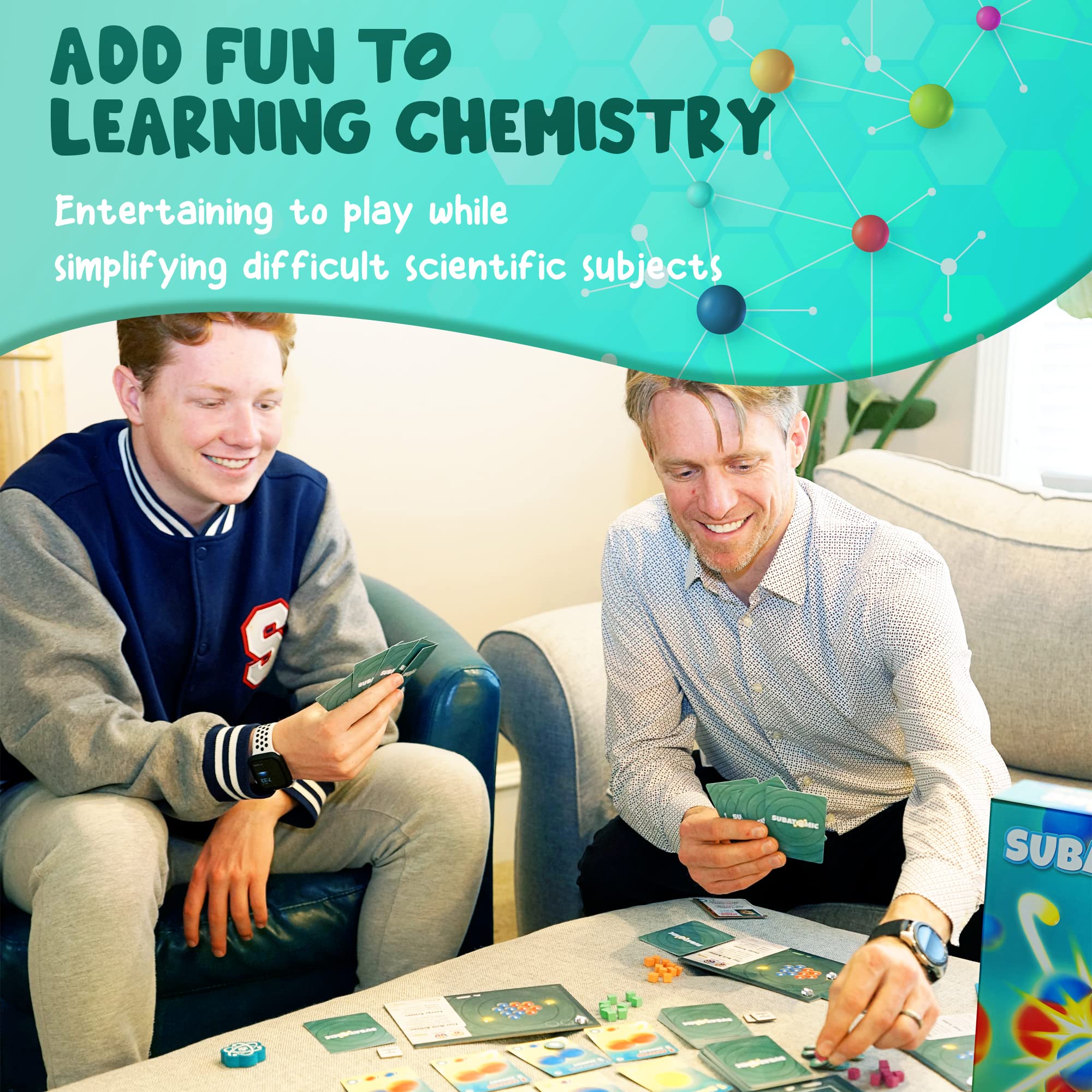 Genius Games Subatomic deck-building in progress shows evolving strategies.
