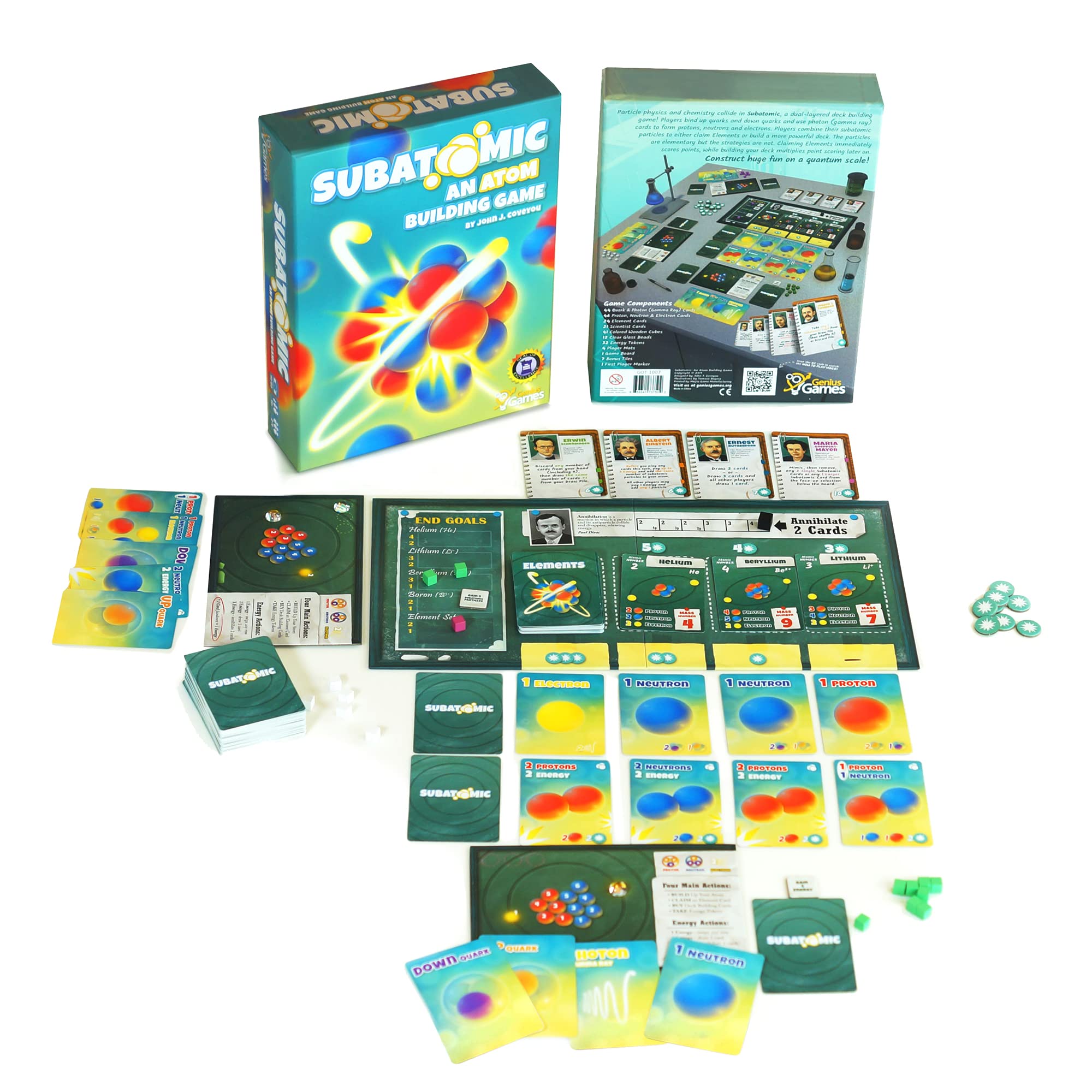 Genius Games Subatomic protons-neutrons-electrons breakdown visualizes atom construction.
