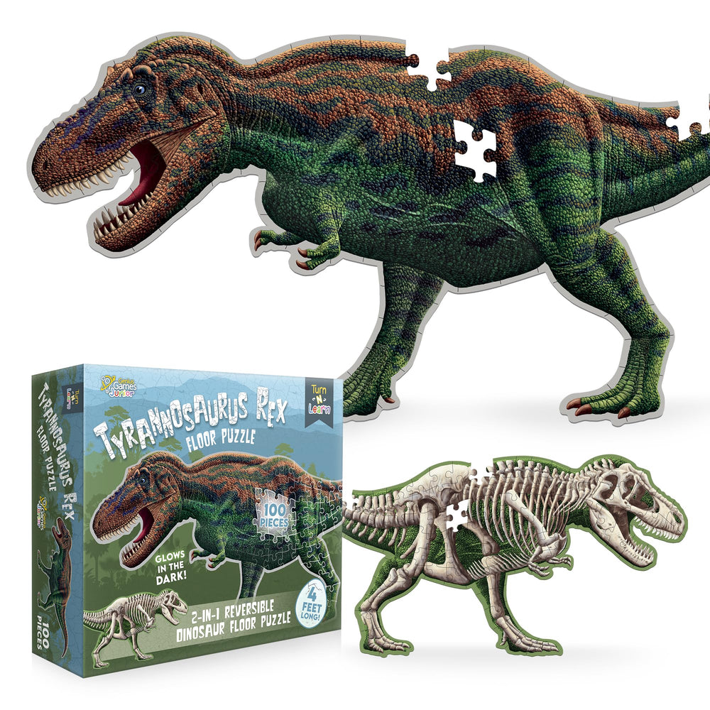 Genius Games Tyrannosaurus Rex floor puzzle laid out for immersive dinosaur play and family time.