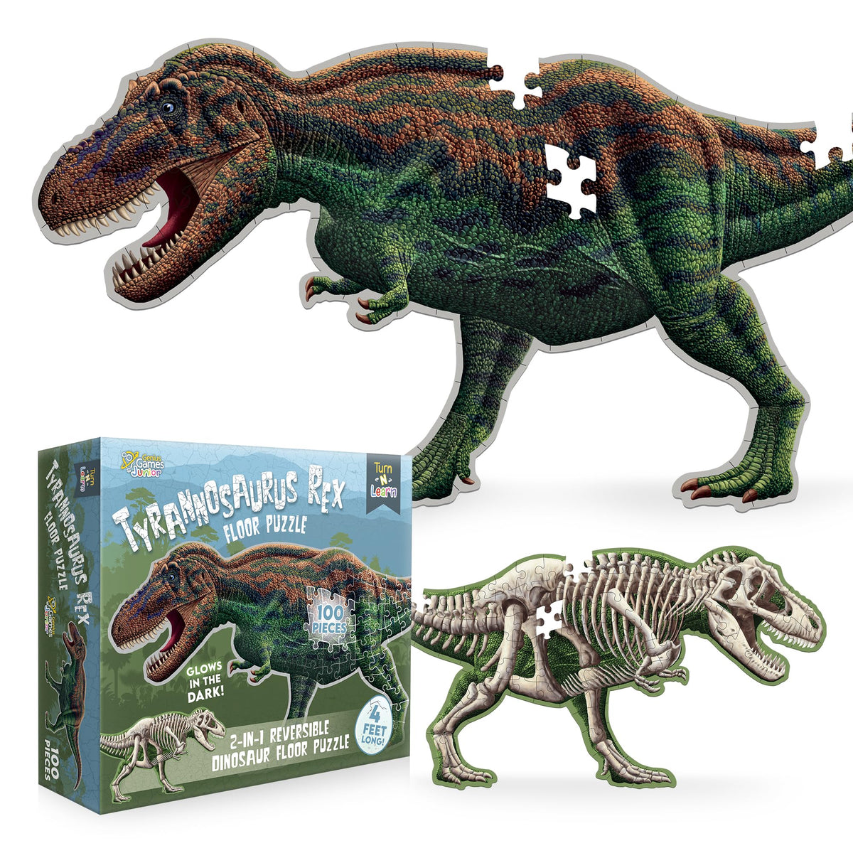 Genius Games Tyrannosaurus Rex floor puzzle laid out for immersive dinosaur play and family time.