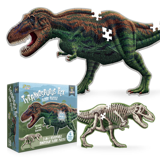 Genius Games Tyrannosaurus Rex floor puzzle laid out for immersive dinosaur play and family time.