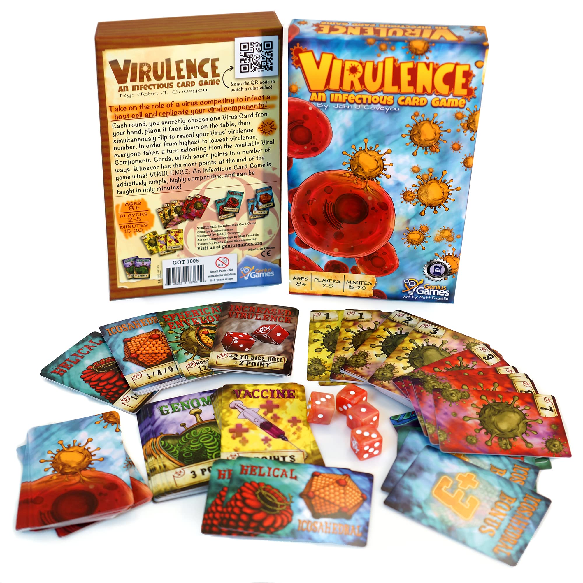 Genius Games Virulence box front shows the game title and components.