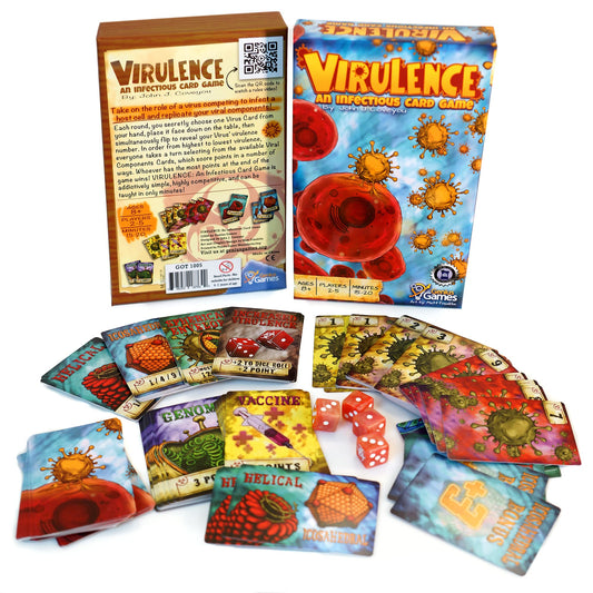 Genius Games Virulence box front shows the game title and components.