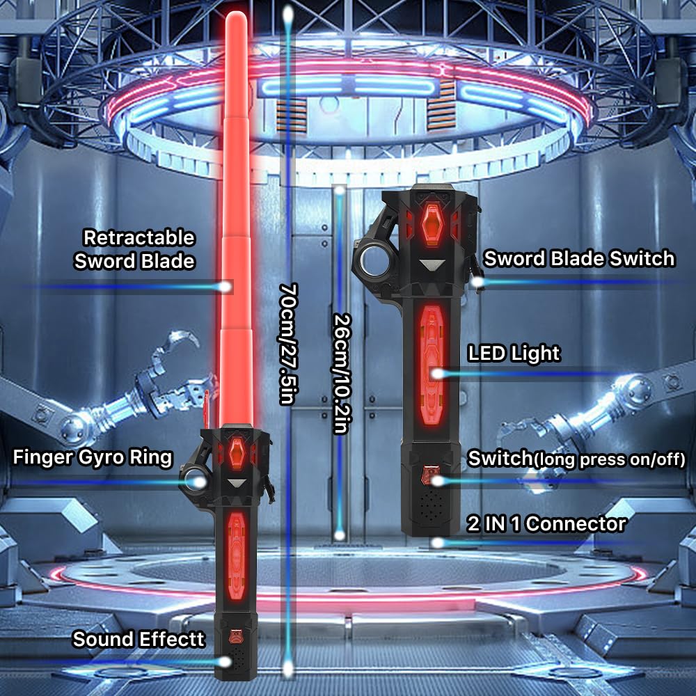 Genqiang light-up sword retractable blade detail for versatile pretend battles.