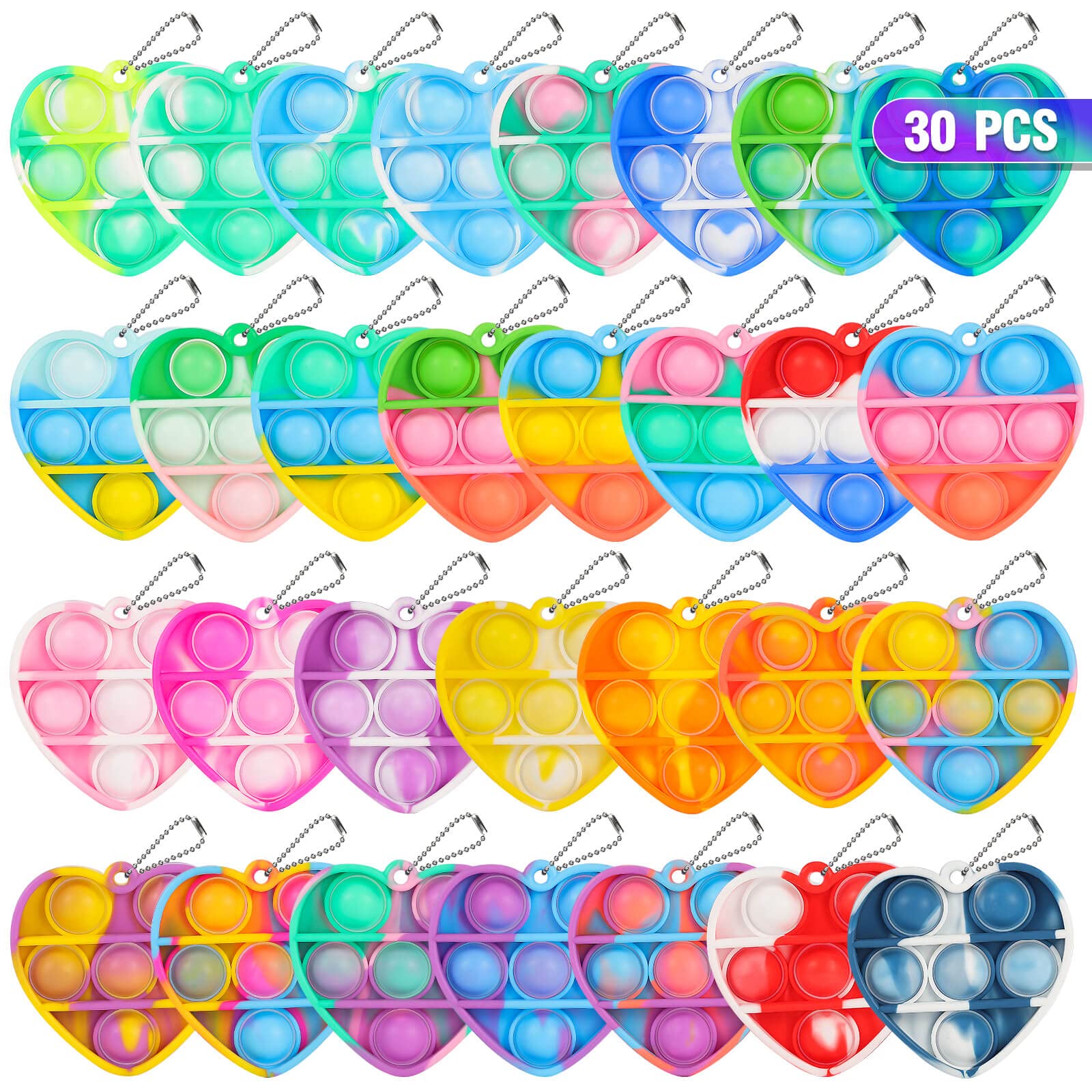 Genuvi pop heart keychain closeup for classroom prizes and sensory play.