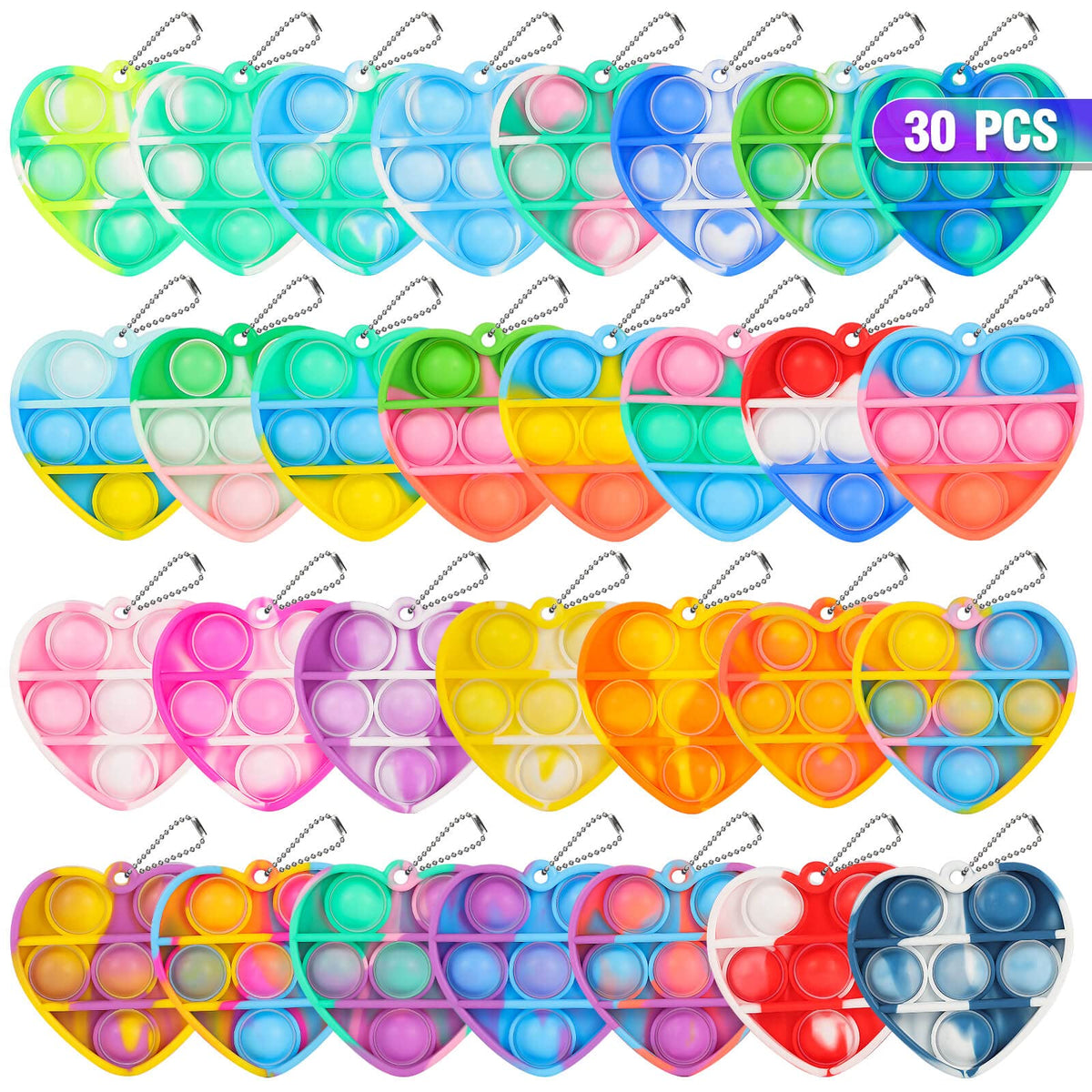 Genuvi pop heart keychain closeup for classroom prizes and sensory play.
