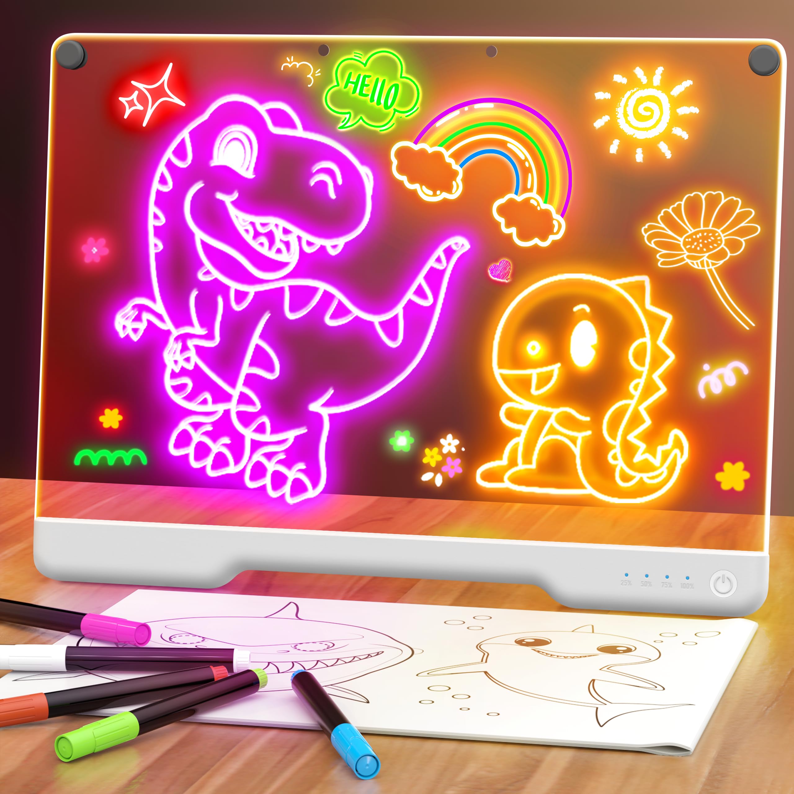 Geokay 16 inch doodle glow board showing vibrant neon art modes for kids