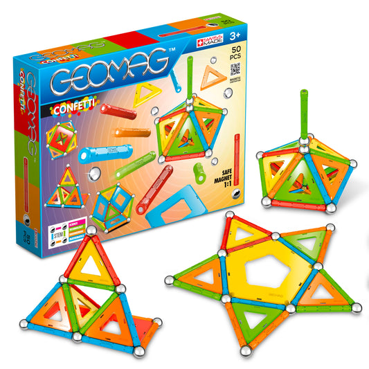 Geomag Confetti magnetic rods in bright colors enable imaginative building and easy connections.