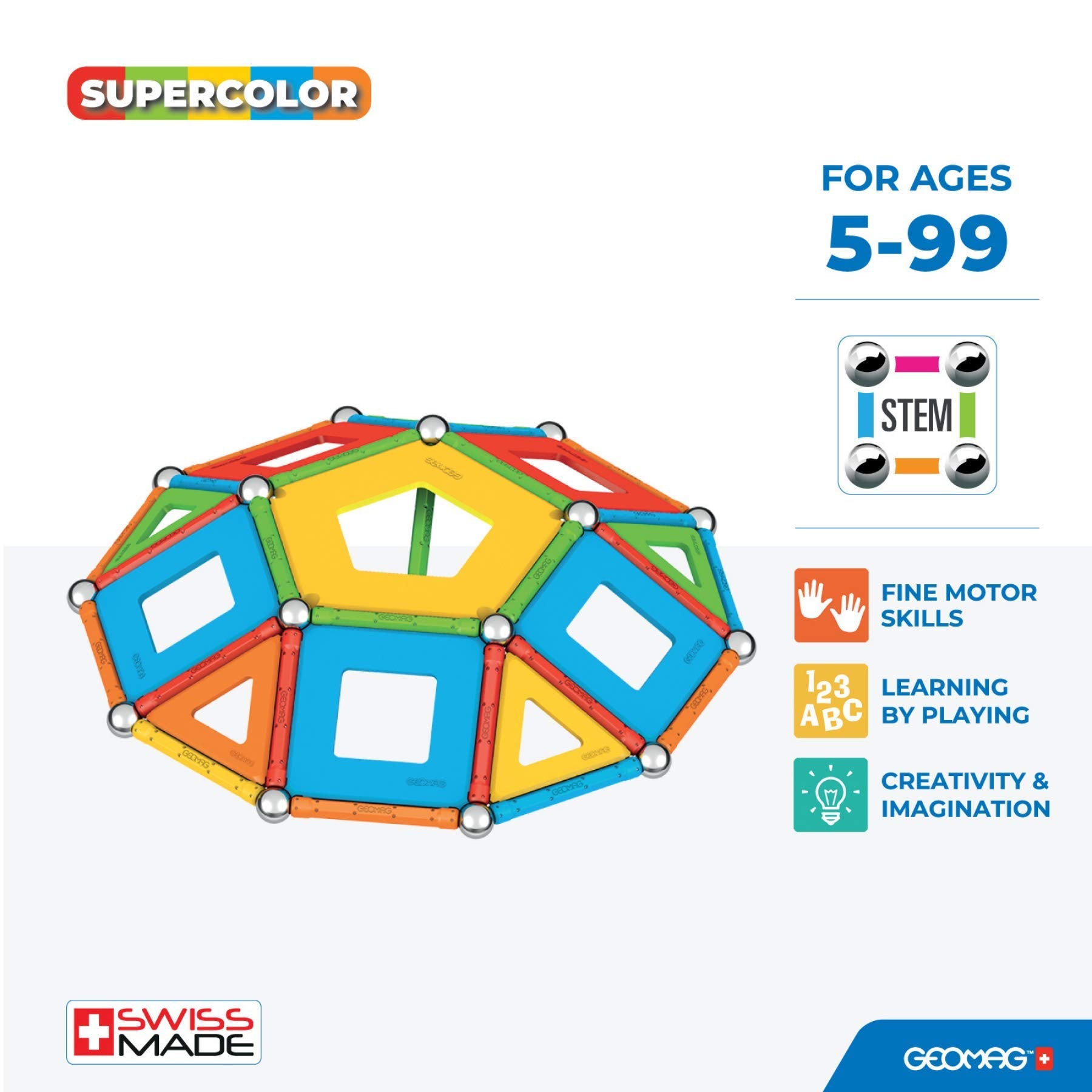 Geomag Supercolor color-building blocks spark creative design and exploration.