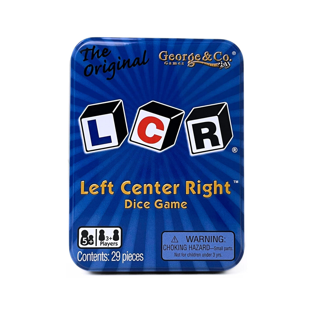 George & Company LCR left center right dice game in blue tin packaging for easy storage