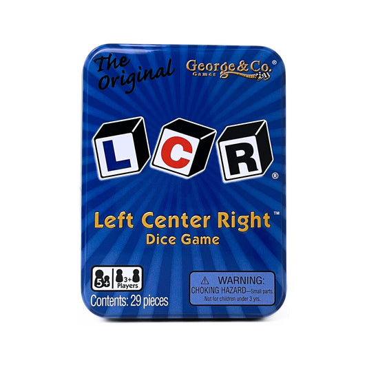 George & Company LCR left center right dice game in blue tin packaging for easy storage