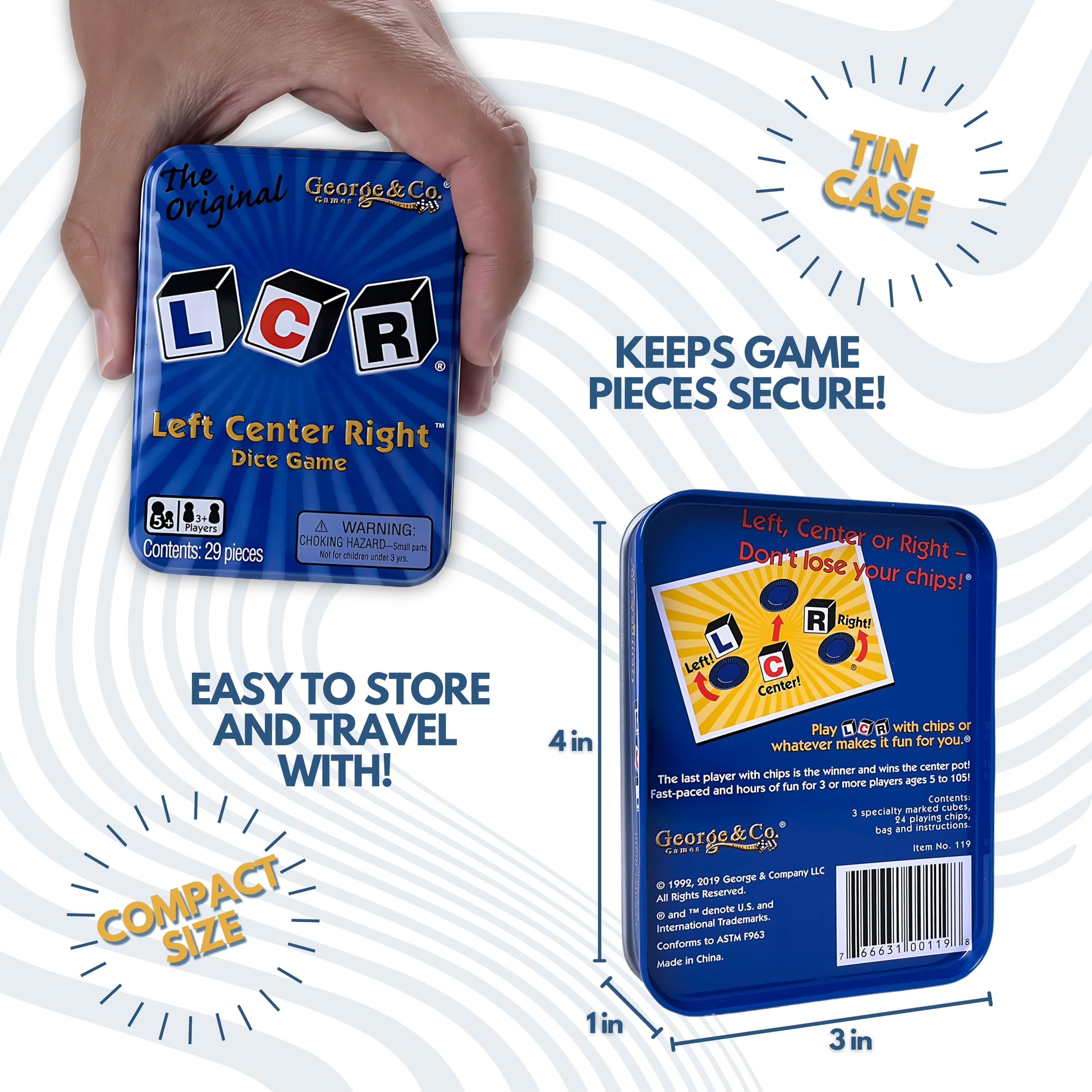 Blue tin George & Company LCR game keeps pieces organized during play