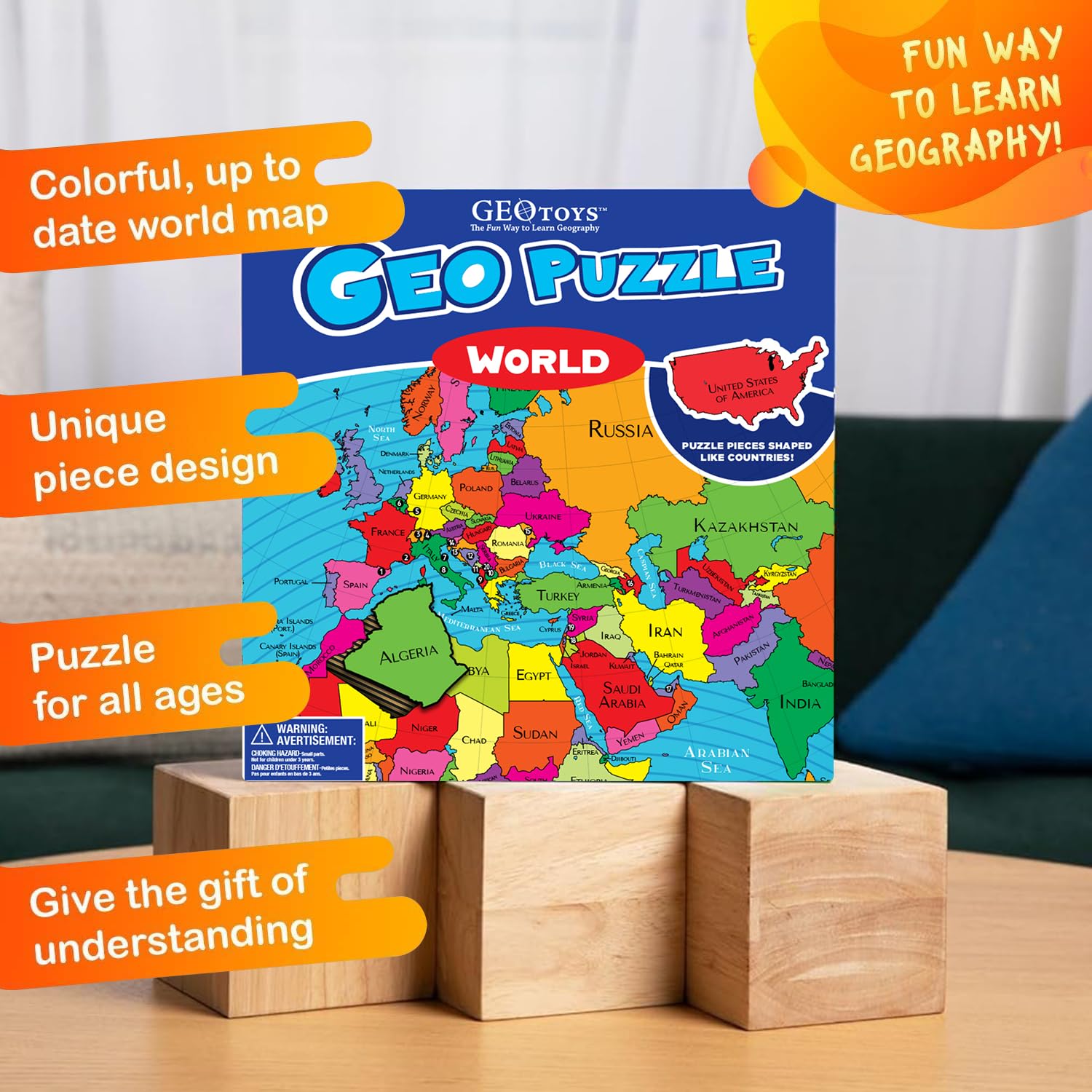 Geotoys GeoPuzzle 26in-by-12-5in map, a sizable hands-on geography activity.