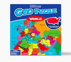 Geotoys GeoPuzzle country-shaped pieces, helps kids recognize nations.