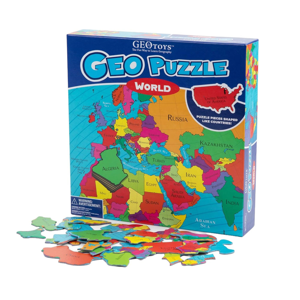 Geotoys GeoPuzzle world map 68pc, engaging geography learning for kids.