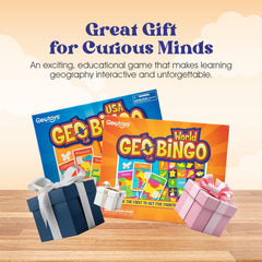 Geotoys GeoBingo packaging shows eight boards and seventy-five chips.