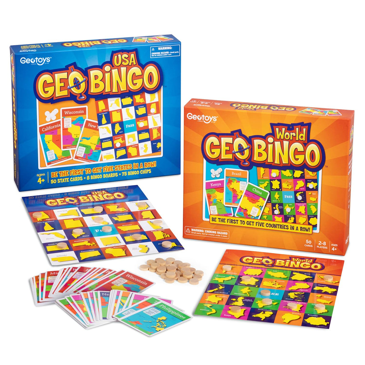 Geotoys GeoBingo set with boards and chips for interactive geography learning.