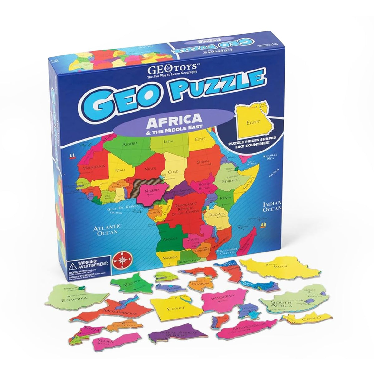 Geotoys GeoPuzzle Africa Middle East box cover with vibrant map art for kids.