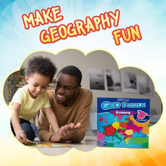Geotoys GeoPuzzle pieces reveal country outlines for hands on study.