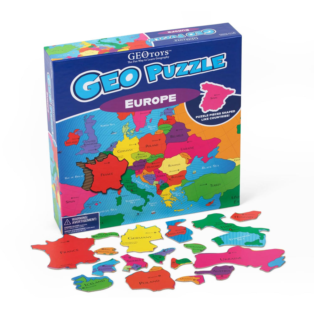 Geotoys GeoPuzzle Europe map with country shapes for geography learning.