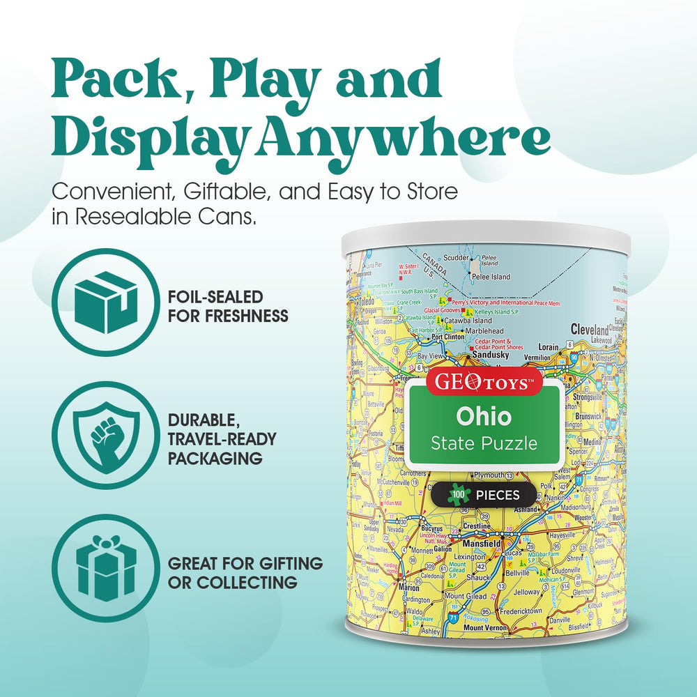 Geotoys Ohio landmarks map highlighting parks and highways