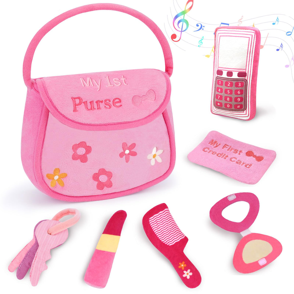 GERBIT My First Pink Purse Plush set with six sensory plushies for early play