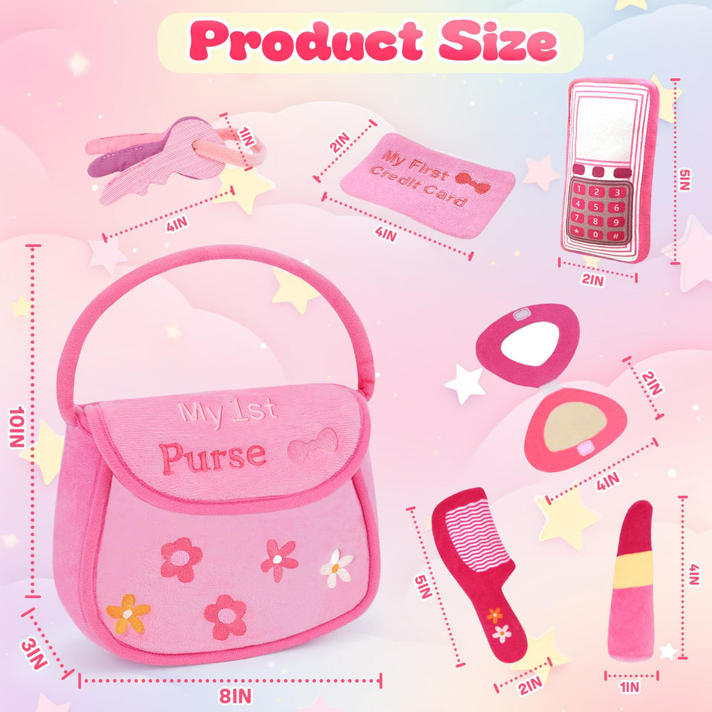 GERBIT pink purse with six plushies for tactile exploration and imaginative play
