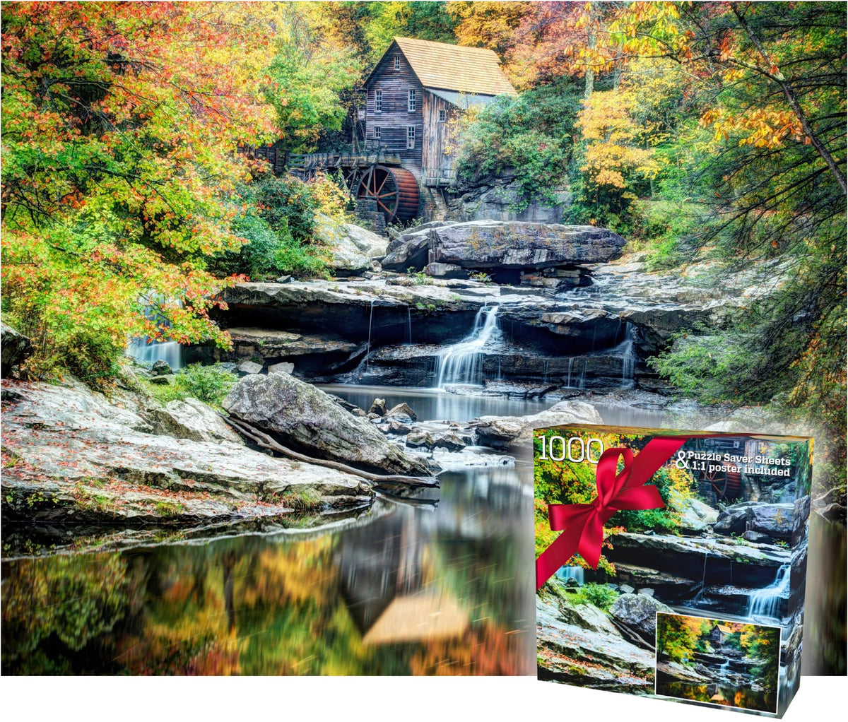 Gerjato autumn grist mill with waterfalls puzzle cover for a relaxing experience.
