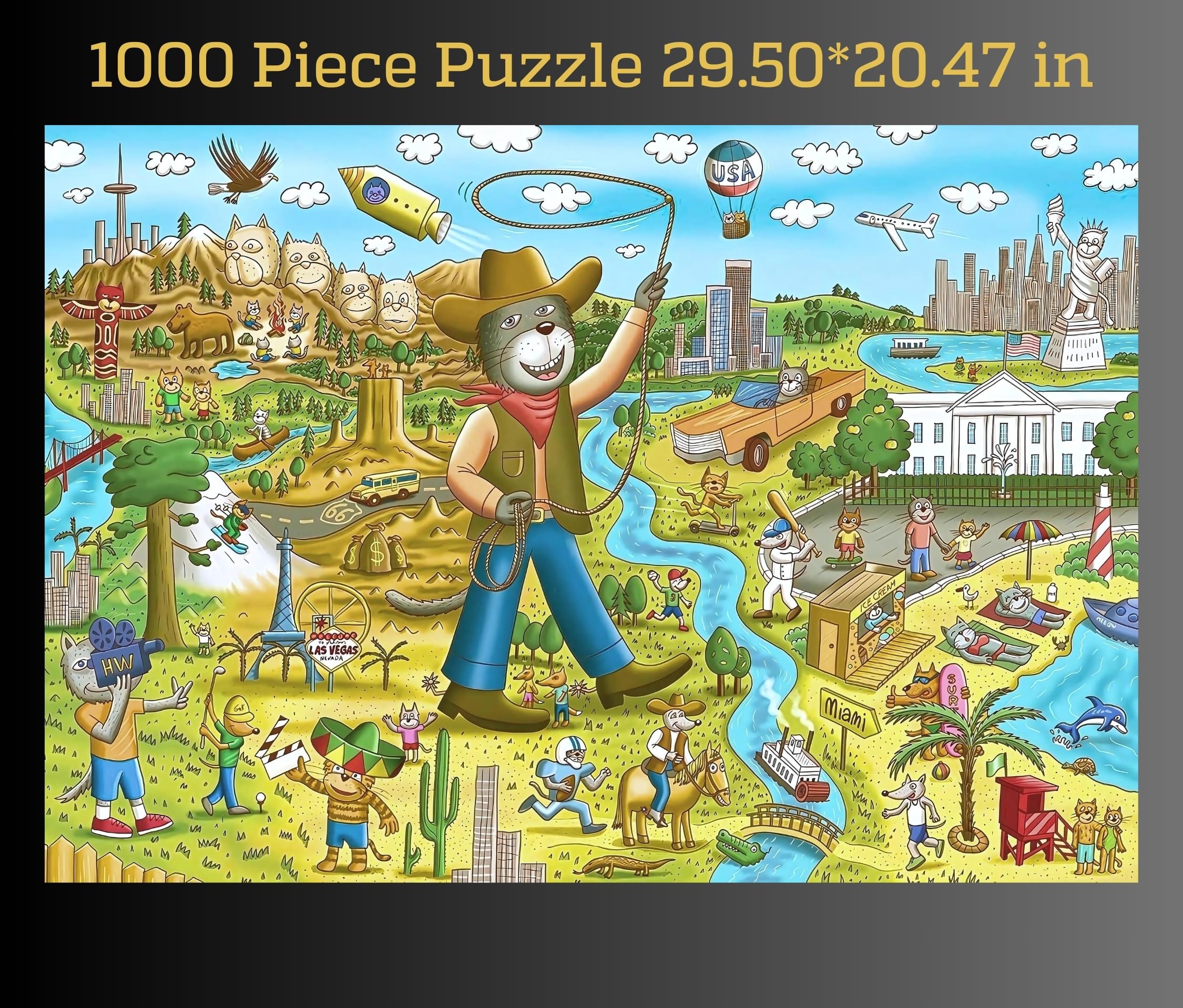 Gerjato cat and dog characters on map artwork, for all ages