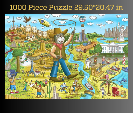 Gerjato cat and dog characters on map artwork, for all ages