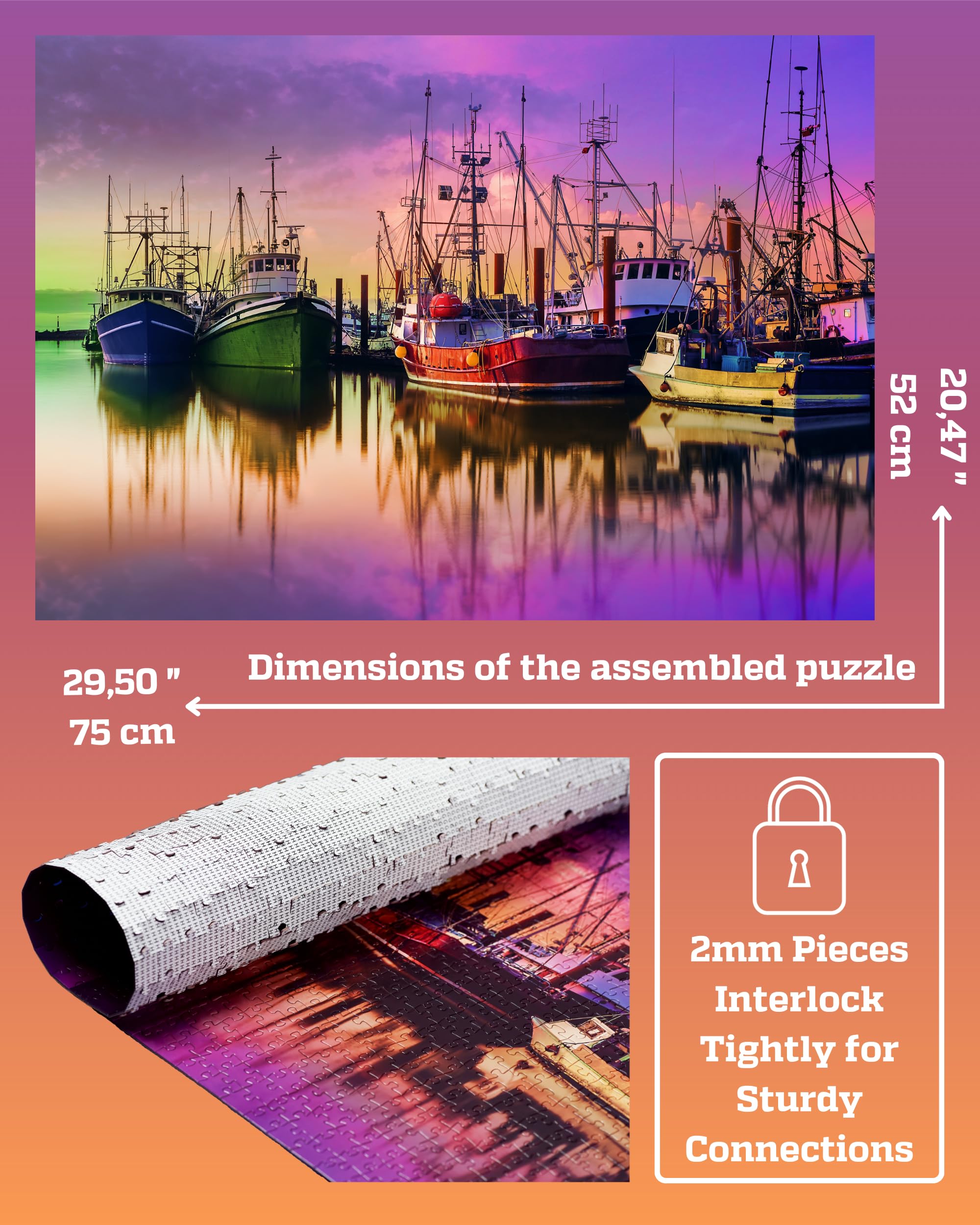 Gerjato harbor collage closeup highlights bright boats and crisp details, ideal for puzzle enthusiasts.