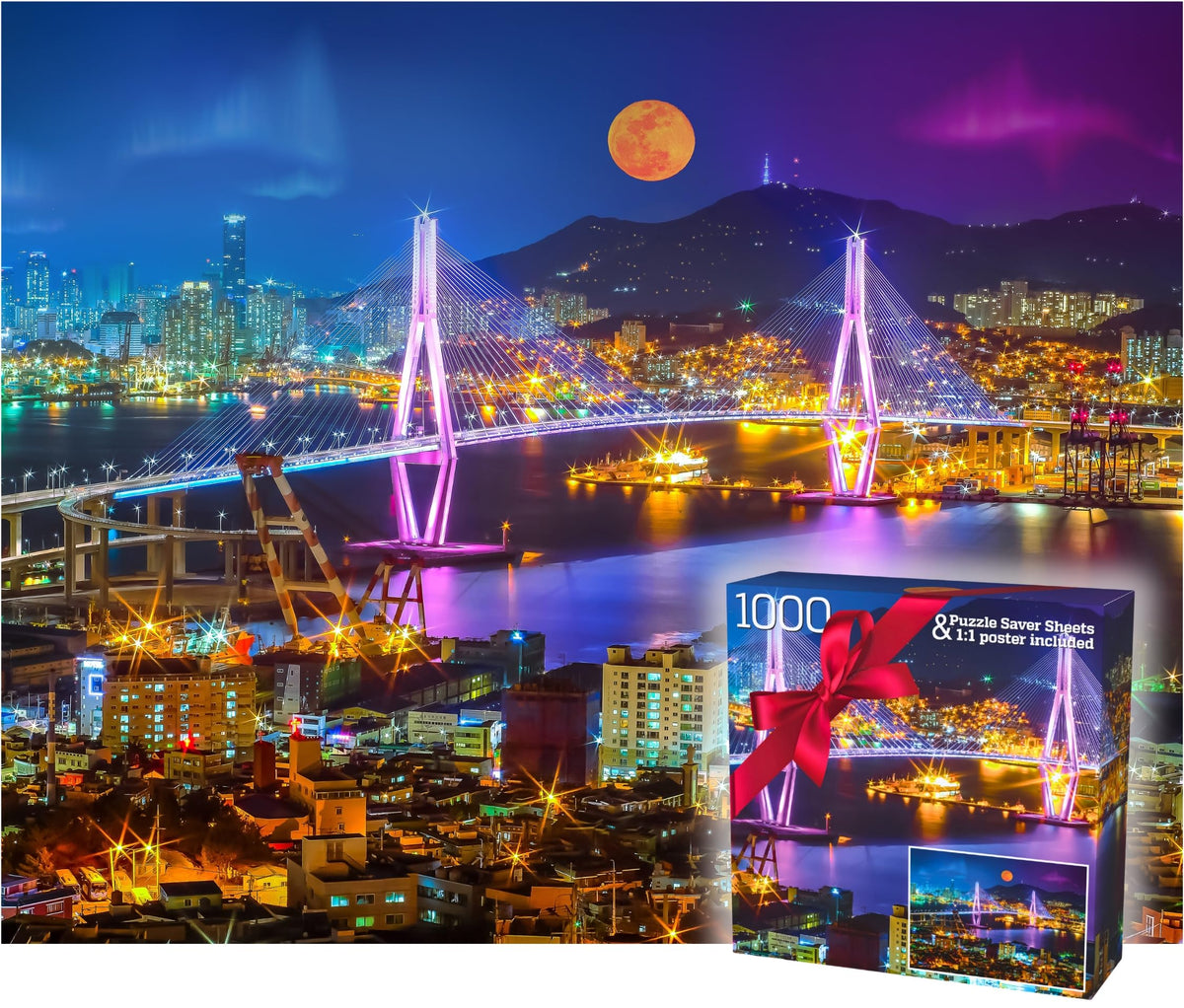 Gerjato night cityscape puzzle box featuring a vibrant scene, ready for gifting.