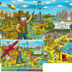 Gerjato USA map puzzle front view with cats and dogs, family-friendly