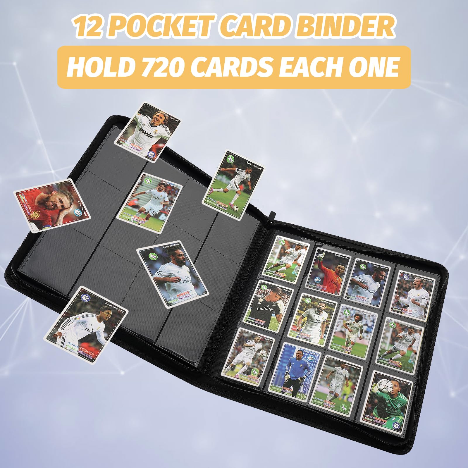 30-page, double-sided 12-pocket panels for secure card storage.