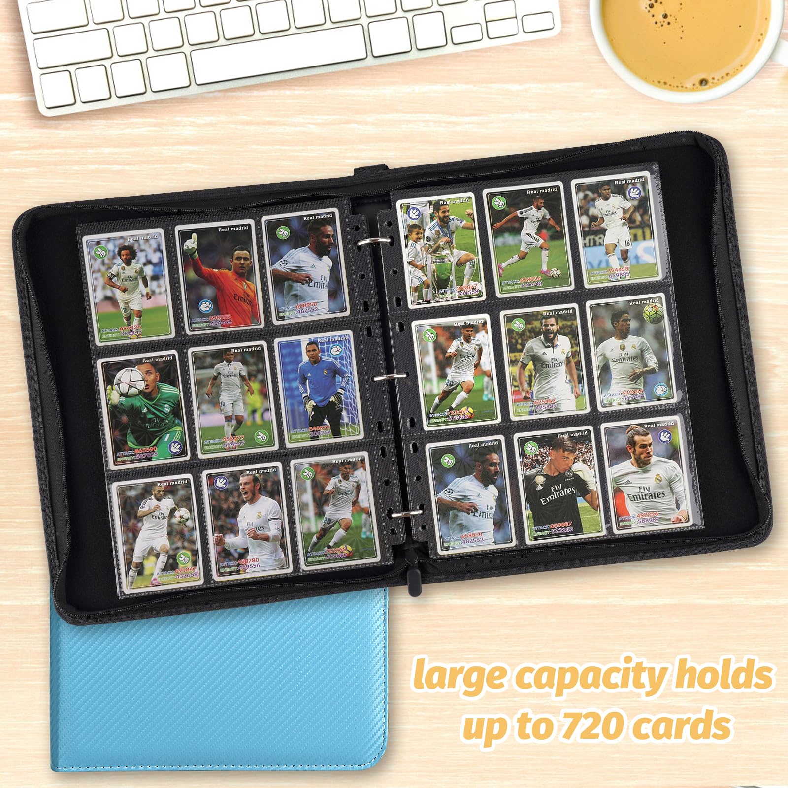 Binder holds up to 720 standard cards for easy storage