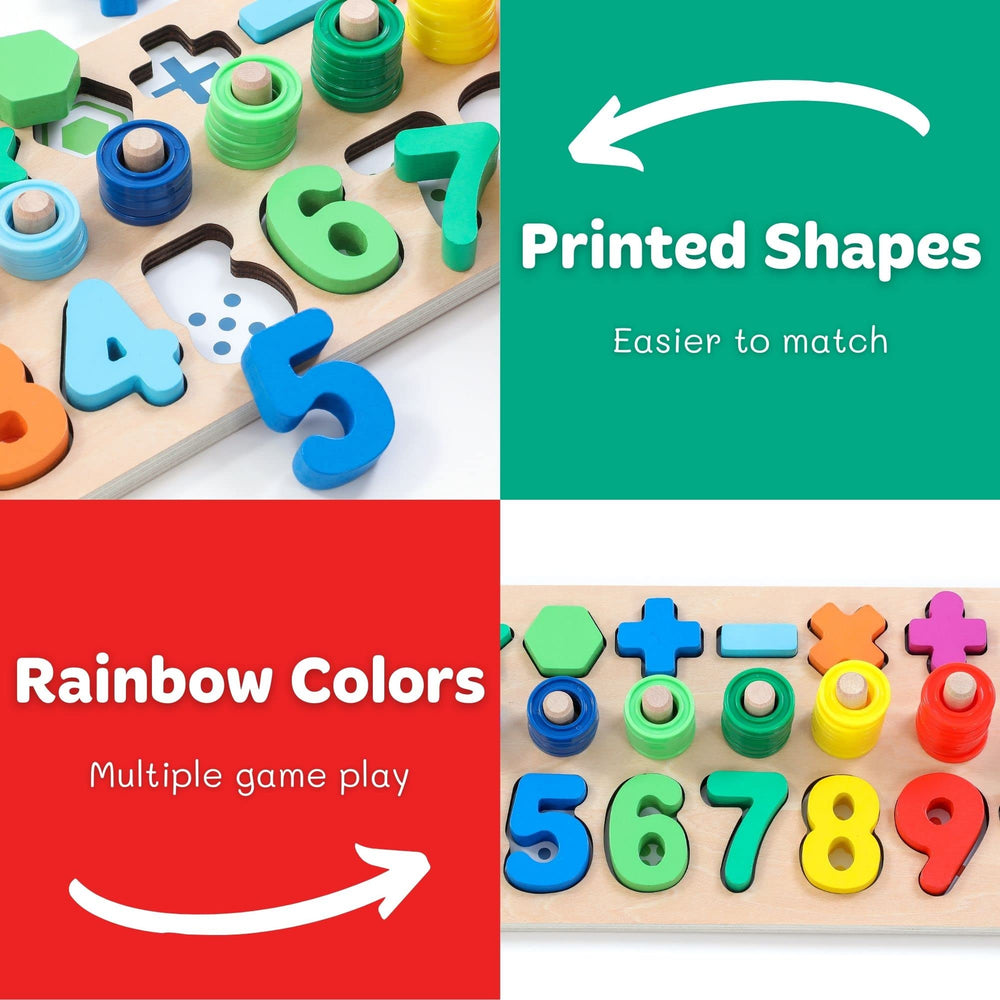 GeroCrew counting shapes stack encourages practical math play and fine motor skills.