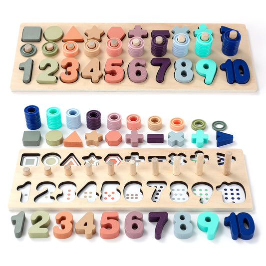 GeroCrew peg-board wood toy for toddlers improving shape sorting and fine motor skills.