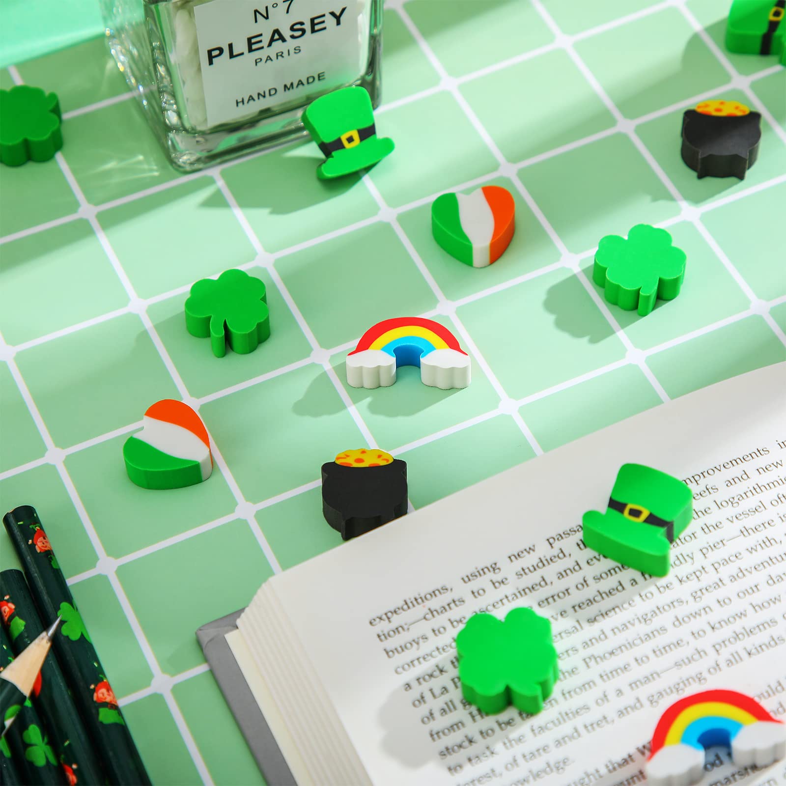 Gersoniel St Patrick's mini erasers classroom-rewards; durable rubber for smooth writing.